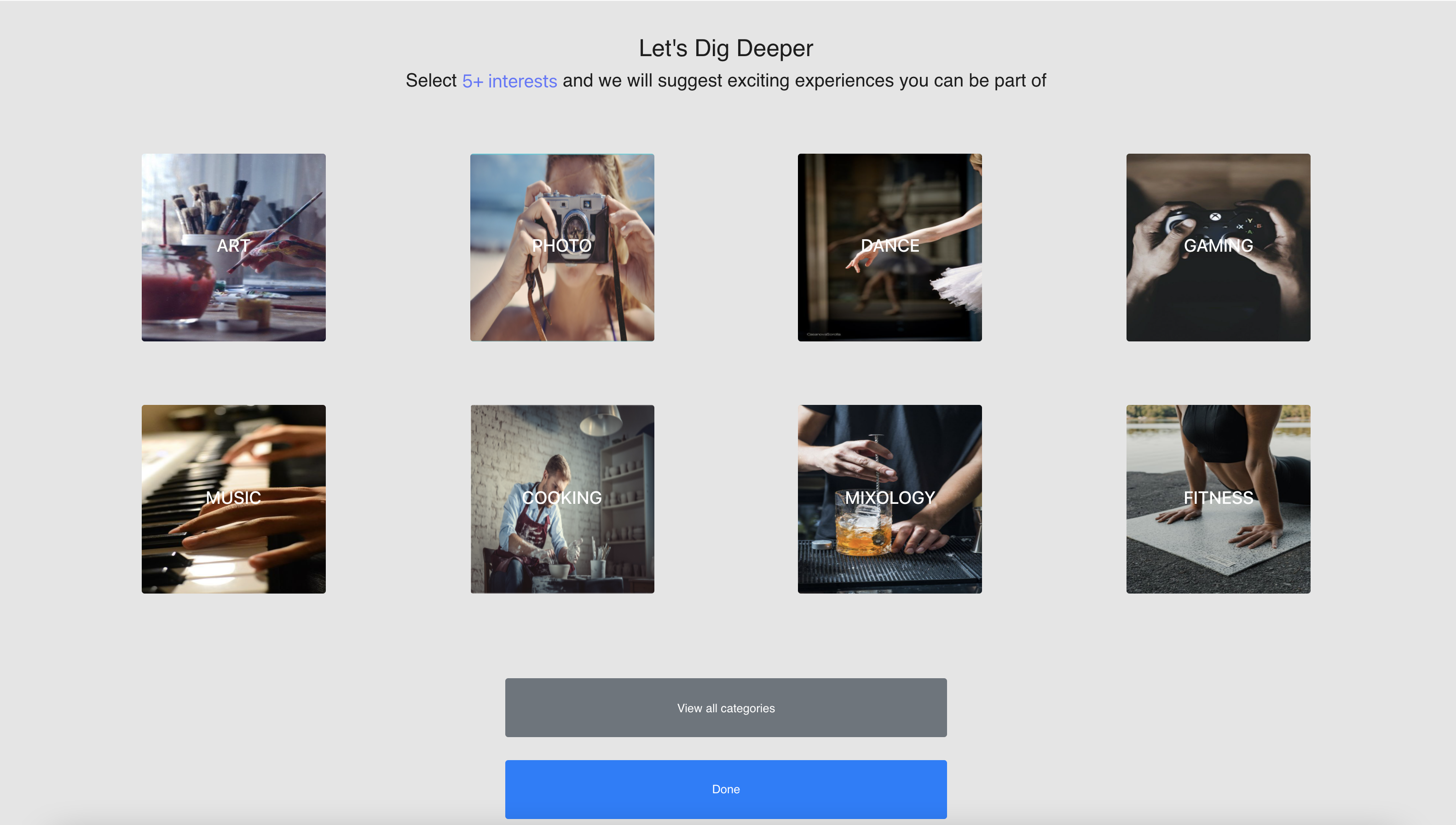 Screenshot of the categories selection page